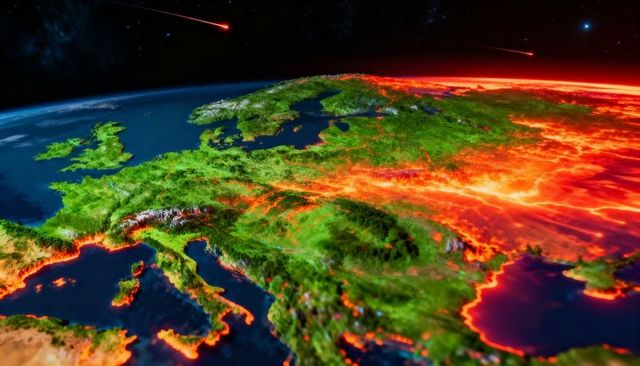 Europe from Orbit Showing Molten Coastlines, Lava Flows and Meteors Streaking