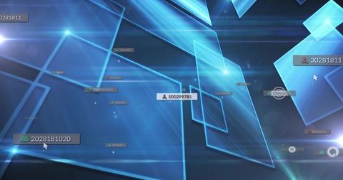 Futuristic 3d network interface with blue holographic panels and numeric data labels