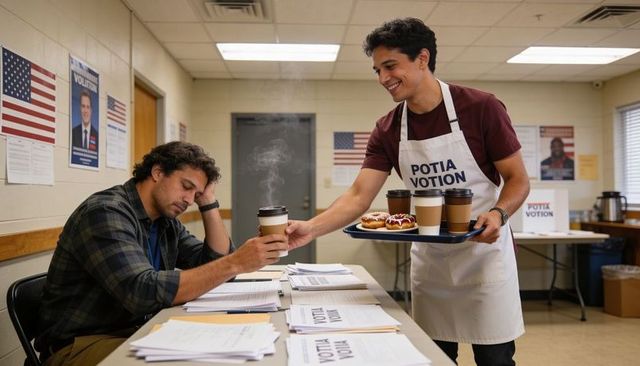 Volunteer serving coffee and donuts to tired poll worker at busy community voting center