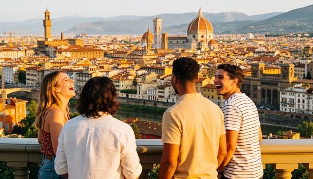 Friends admiring florence duomo and arno river from piazzale michelangelo at golden hour