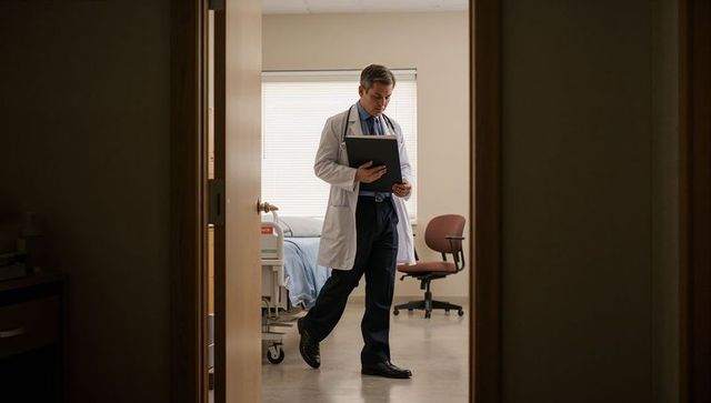 Physician walking through patient room reading medical chart with stethoscope