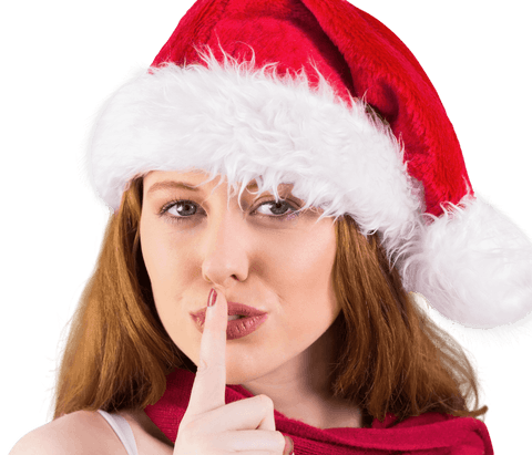 Redhead in Festive Santa Hat Making a Quiet Gesture