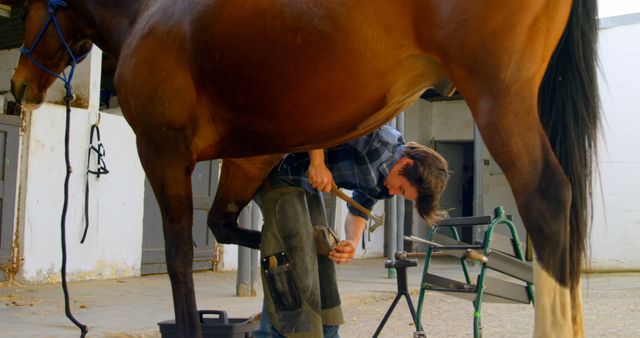 Farrier is cleaning hoof of a horse inside stable. Farrier performs maintenance on horse hoof, ensuring its health. Ideal for topics related to equine care, animal care professions, farm life, rural work, agricultural activities, or veterinary services.
