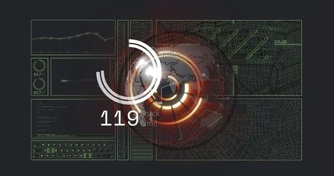 Futuristic hud interface with rotating holographic globe and map grid showing 119