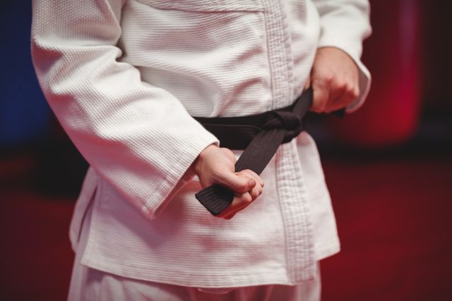 Mid section of karate player in black belt
