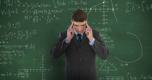 Image of a young Caucasian man standing and massaging his temples trying to solve a problem in front of a green chalkboard with moving mathematical calculations written in chalk