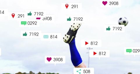 Soccer player kicking ball with social media likes comments and shares overlays