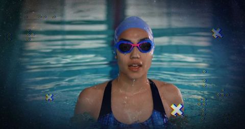 Focused Swimmer Wearing Goggles in Competition Pool with Glitch Effect