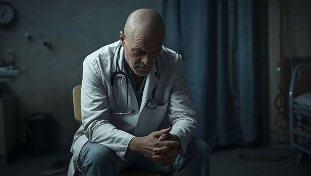 Senior doctor reflecting alone in hospital examination room
