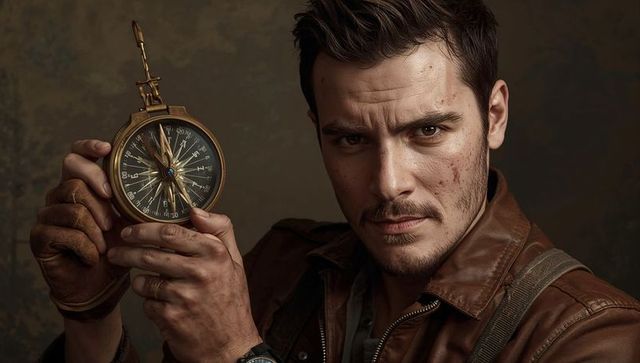 Rugged explorer holding ornate brass compass, leather jacket cinematic portrait, moody vintage look
