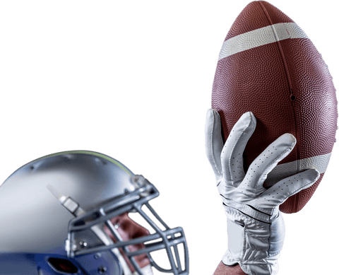 Caucasian football player holding ball in gloved hand, transparent background