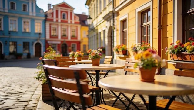 Sunlit european cafe terrace with flower pots and colorful historic facades