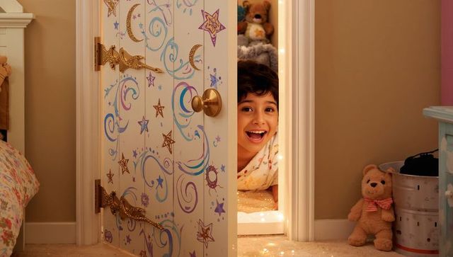 Child in pajamas exploring kaleidoscope-inspired bedroom door