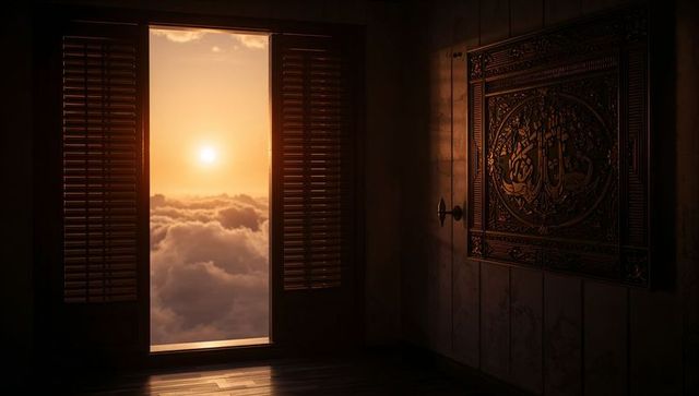 Doorway opening to sun above clouds at sunset with ornate calligraphy wall panel