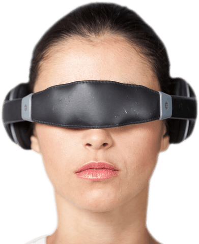 Transparent wearable virtual reality goggles on woman