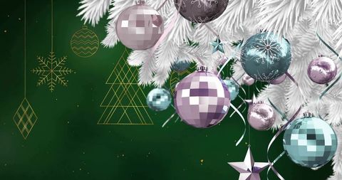 White Fir Branch with Pastel Metallic Baubles, Disco Ornaments and Gold Geometric Accents
