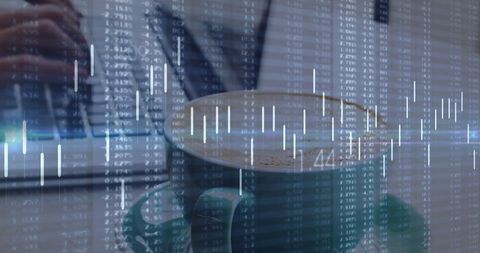 Financial Data Overlay with Professional Working on Laptop