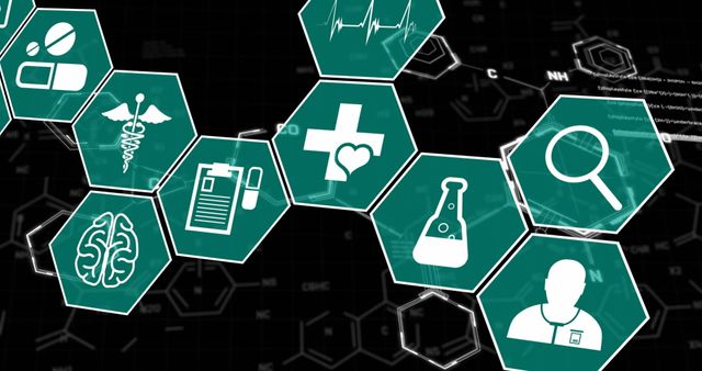 Medical Data Processing and Digital Healthcare Icons on Black Background - Download Free Stock Images Pikwizard.com