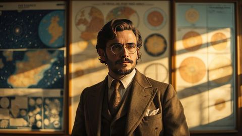 Vintage astrophysicist studying maps in intellectual setting