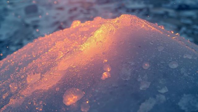 Sunlit snow mound with ice crystals on frozen lake