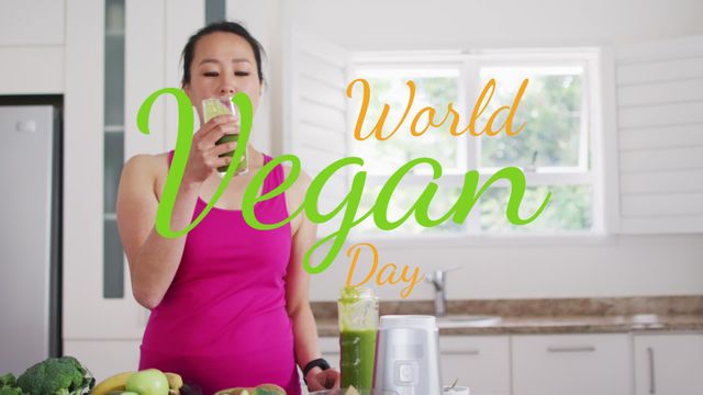 This colorful and vibrant scene captures a woman celebrating World Vegan Day by enjoying a nutritious green smoothie in a kitchen filled with fresh vegetables. Ideal for promoting health and wellness, vegan lifestyle cultures, or culinary nutrition publications. Perfect for blogs or social media posts on plant-based eating and ecological mindfulness.