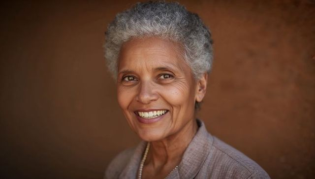 Warm smiling senior woman wearing blazer and pearls against textured brown backdrop