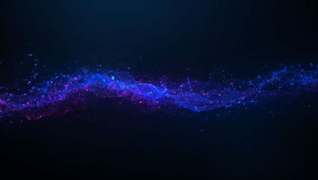 Glowing Neon Particle Wave Streaming Across Deep Navy-Black Gradient with Light Trails