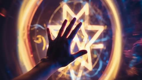 Reaching Hand Toward Pulsing Neon Star Sigil with Rotating Halo Rings and Energy Particles