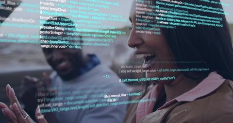 Woman Interacts with Smartphone on Rooftop, Code Floating in Air