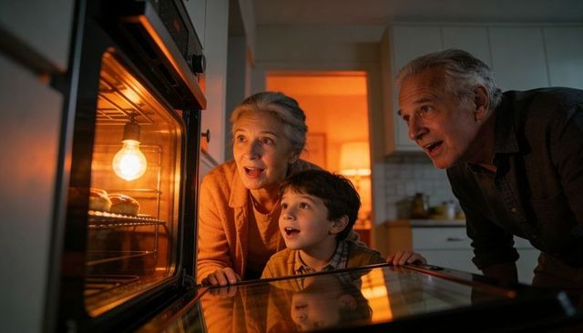 Grandparents and grandson watching bagels baking in warm oven glow, family bonding