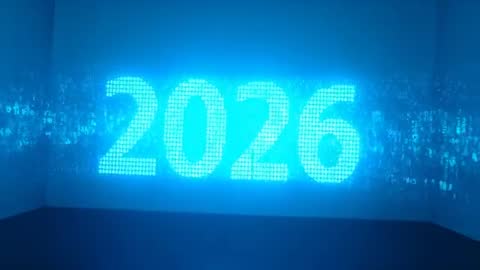 Converging Cyan Particles Revealing Dot-Matrix 2026 Holographic Display Pulsing Floor Glow