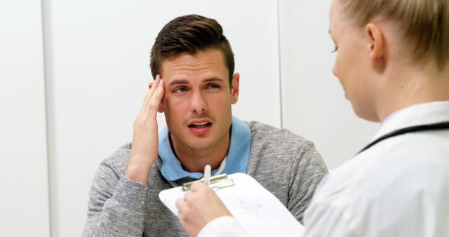 Man discussing health concern with doctor in modern clinic. Man appears to have a headache and is seeking advice from a medical professional. Can be used for healthcare, medical advice, doctor-patient interaction, and wellness articles.