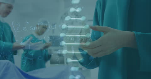 Surgeons with Rotating DNA Hologram in Modern Medical Setting