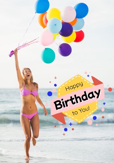 This image is perfect for birthday greeting cards, social media birthday announcements, and festive invitations. It captures a joyful woman holding colorful balloons on a sunny beach, embodying the spirit of celebration and happiness.