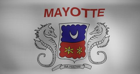 Waving National Flag of Mayotte Emblazoned with Coat of Arms Design