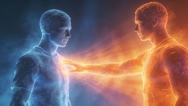 Dual elemental figures exchanging fire and ice energy with glowing touch and surreal art