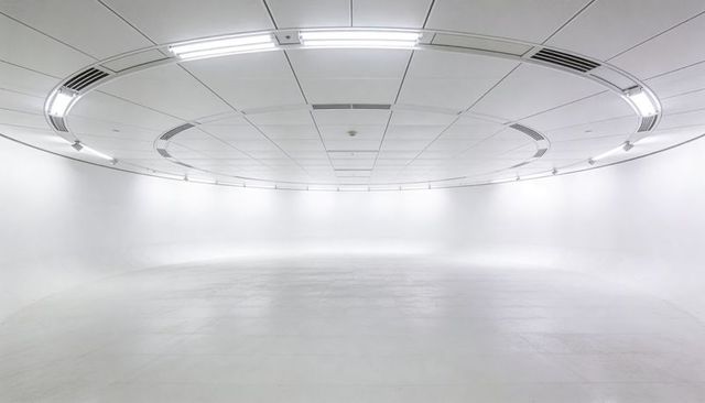Minimal white cyclorama with circular ceiling lights and seamless infinity wall high-key studio