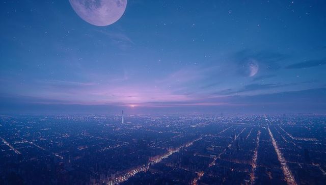Futuristic city skyline with dual moons at dusk