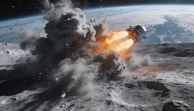 Lunar lander descending with fiery engines, ejecta cloud over cratered moon and earthrise