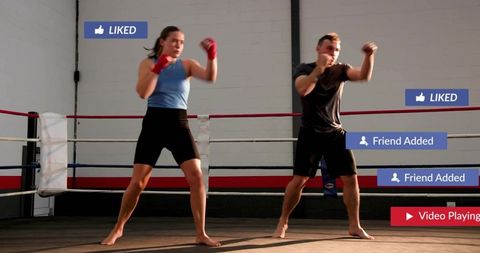 Sparring Male and Female Boxers in Gym Ring with Social Media Overlays