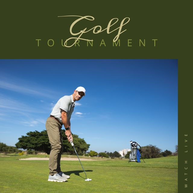 Caucasian Man Participating in Golf Tournament Under Clear Blue Sky - Download Free Stock Templates Pikwizard.com