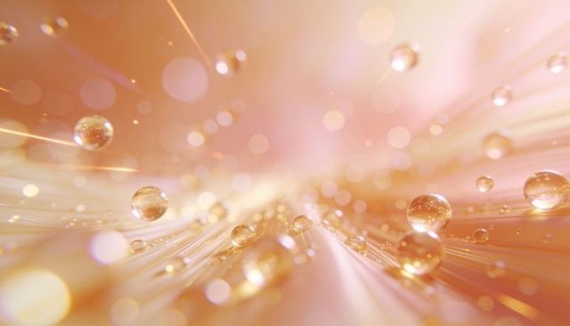 Floating golden droplets on silk fibers with bokeh glow and luminous macro sparkle