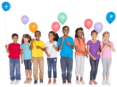 Diverse Happy Children Holding Balloons Clear Background Celebration
