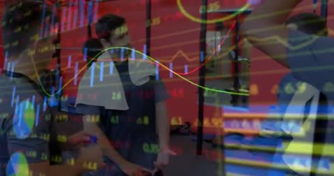 Gym Team Conversing Post-Workout While Live Market Data and Financial Charts Overlaying Scene