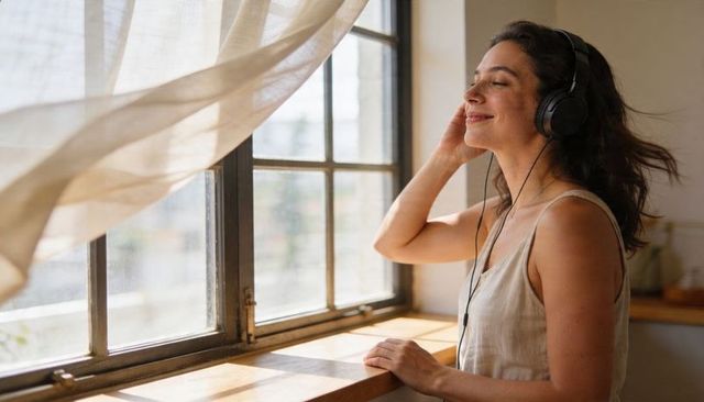 Woman listening to music by sunlit window relaxing with headphones linen top morning calm