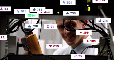Engineer Analyzing Servers with Overlay of Social Media Interactions