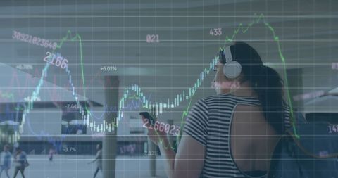 Businesswoman Analyzing Financial Markets with Technology Headphones On