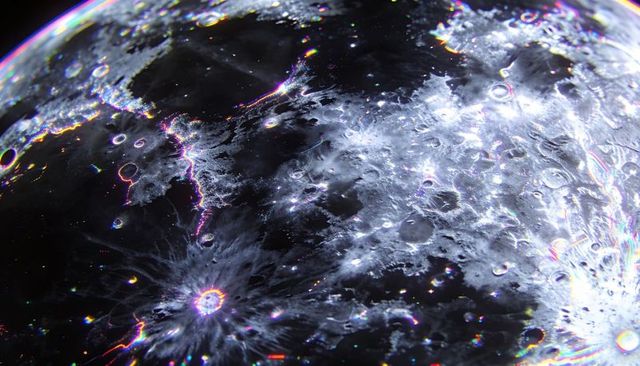 Iridescent lunar surface closeup showing impact craters, ejecta rays and chromatic fringe