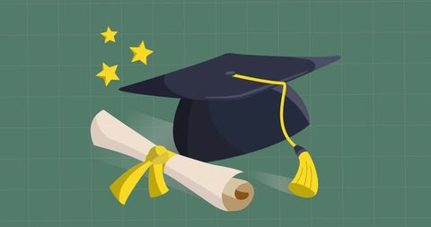 Graduation Cap and Diploma Over Green Grid Background