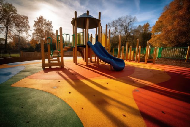 The image depicts an empty playground featuring a blue slide and various climbing structures on a colorful rubber ground. The setting is outdoors with trees showcasing autumn foliage under clear skies. The playground appears safe and inviting, suitable for children's recreation. Ideal for use in articles or content related to outdoor activities, children's parks, safe play areas, autumn, and public recreational spaces.